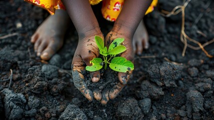Young girl's hands planting seedlings in waste land, concept seedling of hope - obrazy, fototapety, plakaty