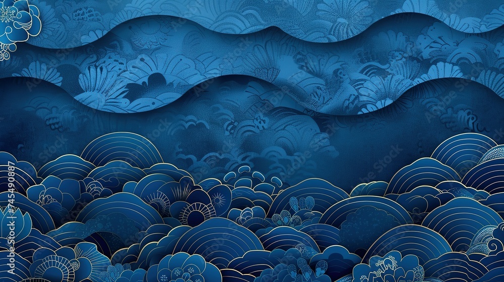 Wall mural Blue Japanese pattern wave background