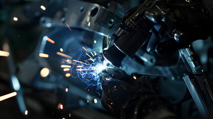 A robotic arm performs precision welding on an automotive assembly line, with sparks flying in a high-tech factory setting.
