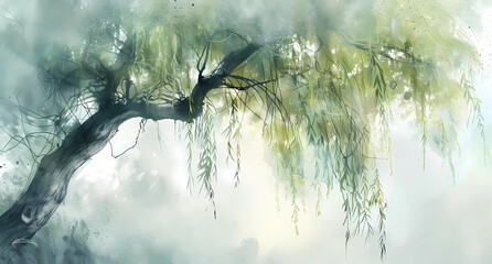 a watercolor picture of a willow tree - obrazy, fototapety, plakaty