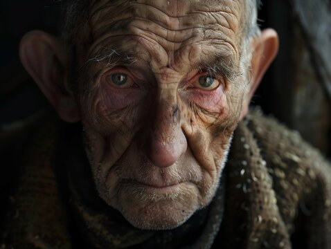 The wrinkles and marks on the old man's skin depict a past filled with sorrow and joy.