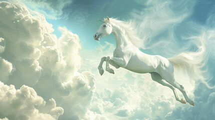 A white horse flying through the sky with clouds, with a sleek metallic finish.