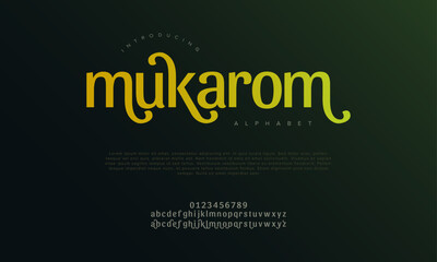 Mukarom premium luxury romadhon alphabet letters and numbers. Elegant wedding typography islamic ramadan serif font decorative vintage retro. Creative vector illustration