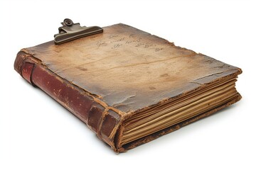 Obraz premium An old diary notebook is isolated on a white background on a clipboard, featuring vintage poster design and translucent overlapping in a rusticcore style.