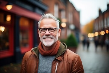 Portrait of senior man with eyeglasses on a city street