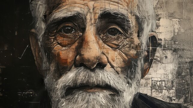 An ink wash collage painting depicts an old man with a gray beard, with carved wood blocks and luminous shadowing.