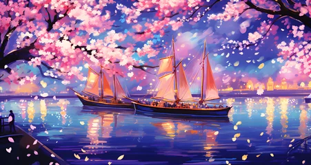 Deurstickers painting of a sailboat on a river at night © Ella
