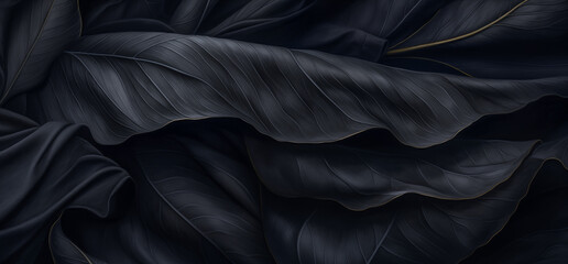 Macro shot detail of black leaves texture, veins on a leaf surface. Elegant flowing silk background for copy space text on mobile by Vita