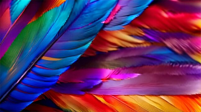 Close-up of vibrant and colorful bird feathers showcasing a spectrum of blues, purples, and oranges.