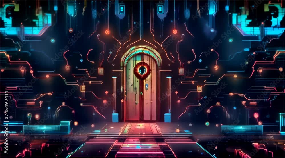 Poster an artistic representation of digital cybersecurity with a neon lock symbol set against a circuit bo