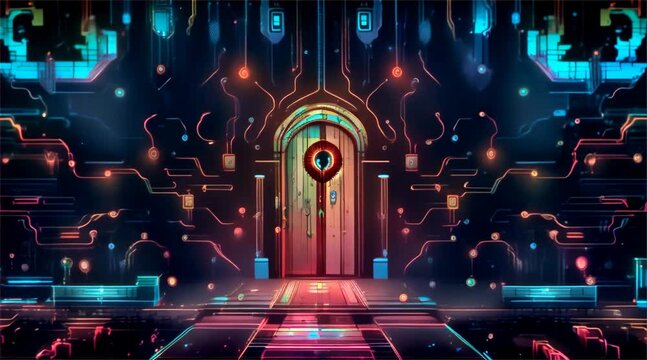 An artistic representation of digital cybersecurity with a neon lock symbol set against a circuit board backdrop.
