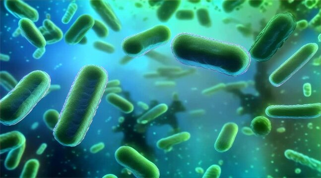 Microscopic 3D rendering of bacteria floating in a fluid environment, showcasing a close-up of bacterial life.
