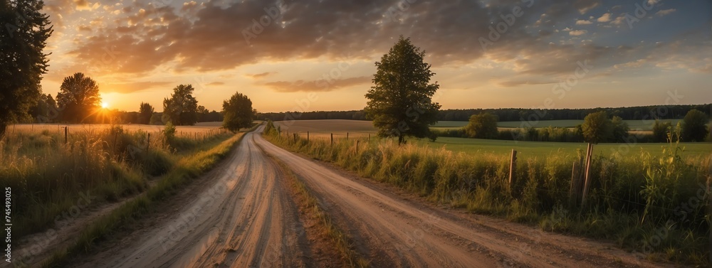 Wall mural amazing panoramic view of rural country road in the woods at sunset from generative ai