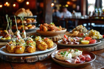 Variety of gourmet tapas served on rustic plates in a vibrant restaurant setting