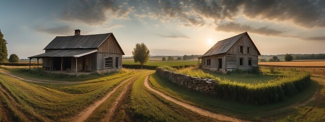 Amazing panoramic view of rural farmhouse from Generative AI