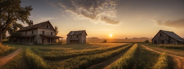 Amazing panoramic view of rural farmhouse at sunset from Generative AI - obrazy, fototapety, plakaty
