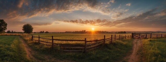 Amazing panoramic view of rural farmhouse at sunset with wooden fence from Generative AI - obrazy, fototapety, plakaty