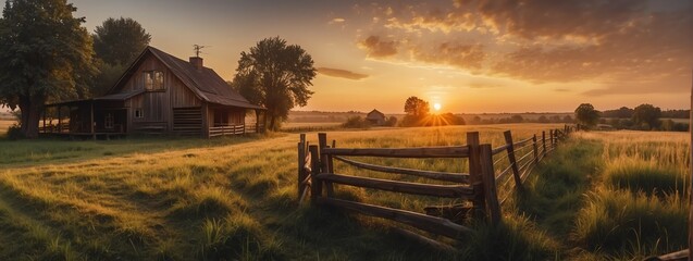 Amazing panoramic view of rural farmhouse at sunset with wooden fence from Generative AI - obrazy, fototapety, plakaty