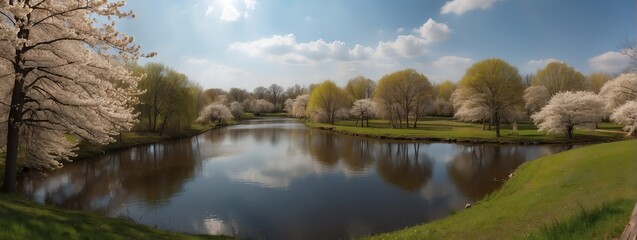 Amazing panoramic view of spring scenery on a park from Generative AI