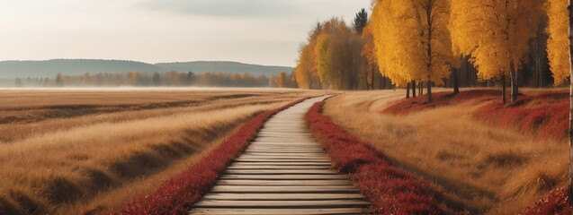 Panoramic autumn landscape with wooden path. Fall nature background from Generative AI
