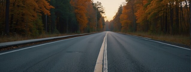 Panoramic view of a concrete road in the middle of a forest on sunset from Generative AI