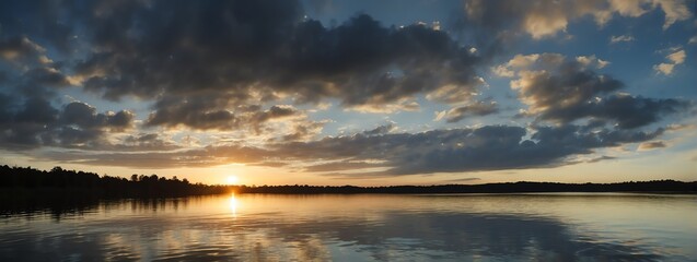 Panoramic view of a lake with cloudy sky at sunset from Generative AI