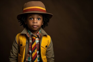 Portrait of a cute african american little boy in hat and coat on a brown background.