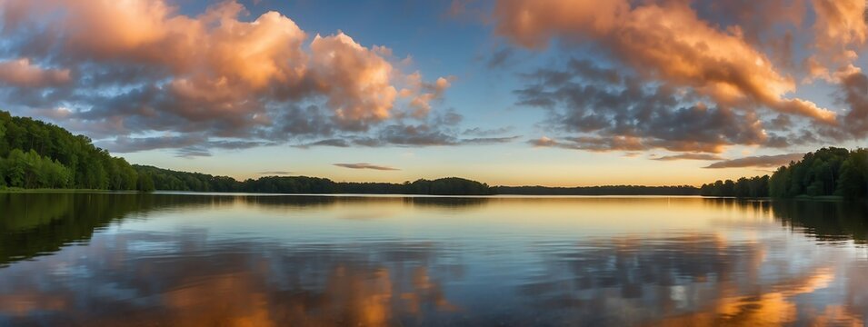 Panoramic view of a lake with cloudy sky at sunset from Generative AI