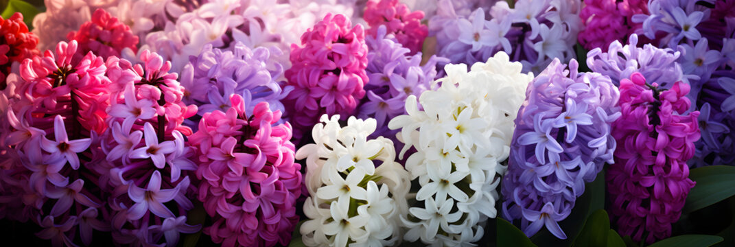 Burst of Spring: A Mesmerizing Display of Vibrant Hyacinth Blooms Illuminated by Dappled Sunlight