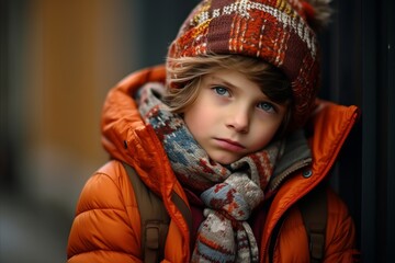 Outdoor portrait of cute little boy wearing warm clothes and scarf.