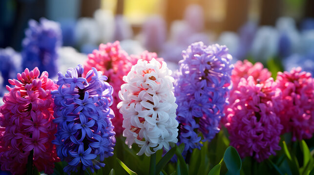 Burst of Spring: A Mesmerizing Display of Vibrant Hyacinth Blooms Illuminated by Dappled Sunlight