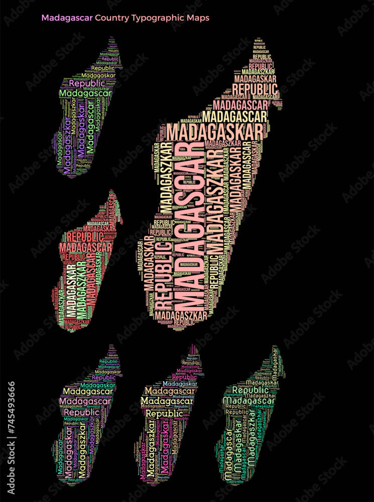 Poster madagascar. set of typography style country illustrations. madagascar map shape built of horizontal 