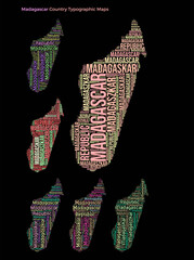Madagascar. Set of typography style country illustrations. Madagascar map shape built of horizontal and vertical country names. Vector illustration.