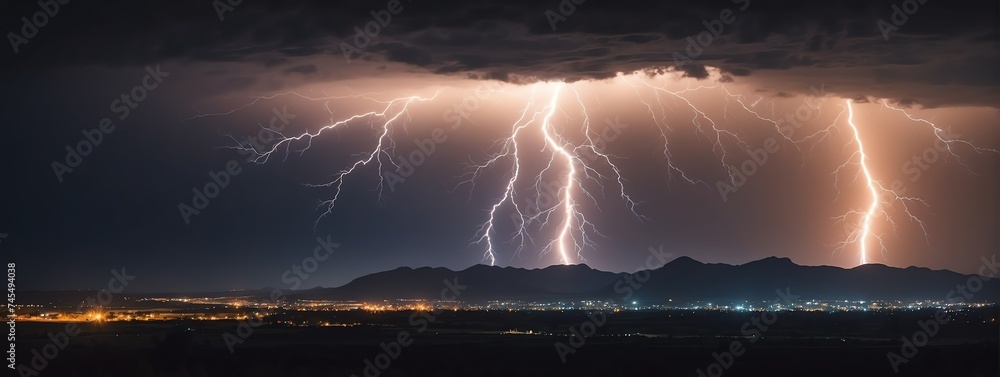 Poster Wide angle panoramic view of a orange lightning strike on very dark night sky background from Generative AI