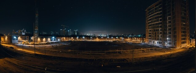 Wide angle panoramic view of a building construction site at night from Generative AI