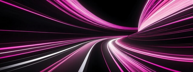 Wide angle panoramic view of a pink speed of light curved motion path concept rays on plain black background from Generative AI