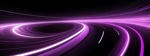 Wide angle panoramic view of a purple speed of light curved motion path concept rays on plain black background from Generative AI