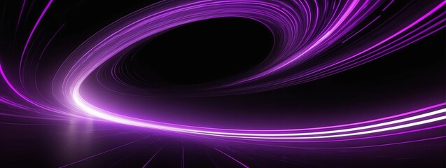 Wide angle panoramic view of a purple speed of light curved motion path concept rays on plain black background from Generative AI