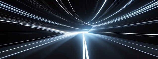 Wide angle panoramic view of a speed of light curved motion path concept rays on plain black...