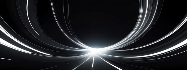 Wide angle panoramic view of a white speed of light curved motion path concept rays on plain black background from Generative AI