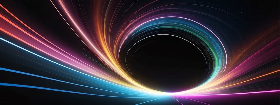 Wide angle panoramic view of a colorful speed of light curved motion path concept rays on plain black background from Generative AI