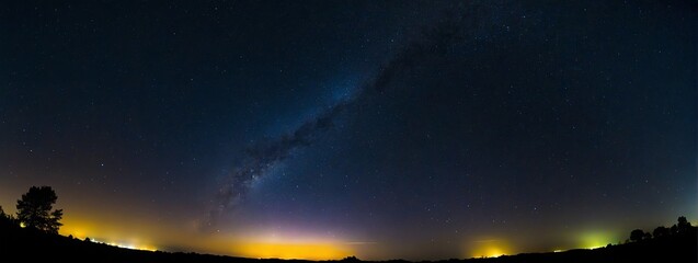 Fototapeta na wymiar Wide angle panoramic view of dark sky at night full of bright star from Generative AI