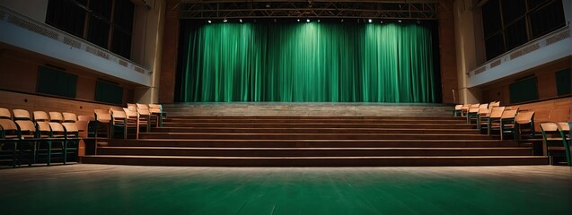 Wide angle panoramic view of green curtains on school university stage for awarding ceremony from...