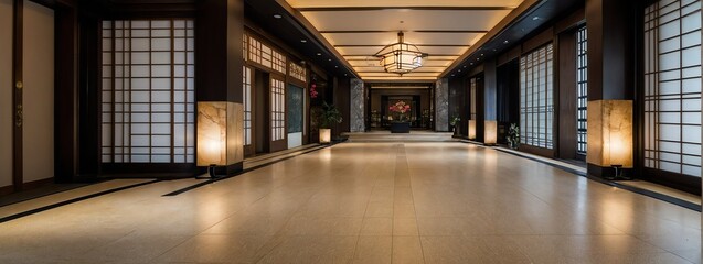Wide angle panoramic view of japanese theme interior of a luxury hotel lobby hall passage way from Generative AI