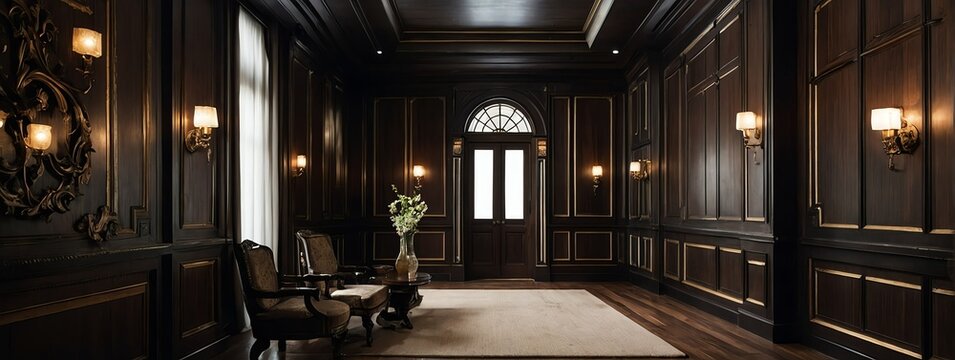 Wide angle panoramic view of dark wood crafted traditional paneling wall classic vintage luxury texture from Generative AI