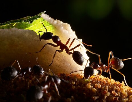 An image of ants working together, carrying food back to their anthill
