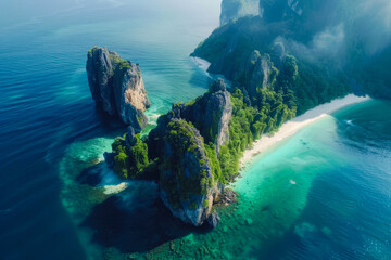 aerial view of beach is a crescent of white sand, framed by towering limestone cliffs covered in lush green vegetation - obrazy, fototapety, plakaty