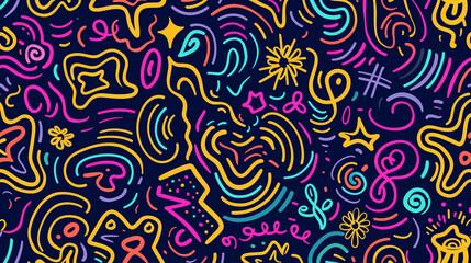 Fototapeta premium カラフルな子供らしい落書きの背景画像。シームレスパターン。クリエイティブ・ミニマリストスタイルのアート背景。 Colorful childlike graffiti background image. Seamless pattern. Creative minimalist style art background. [Generative AI]