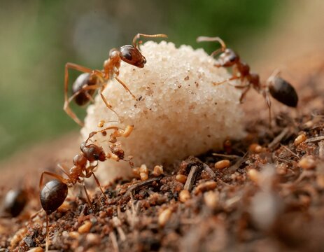 An image of ants working together, carrying food back to their anthill