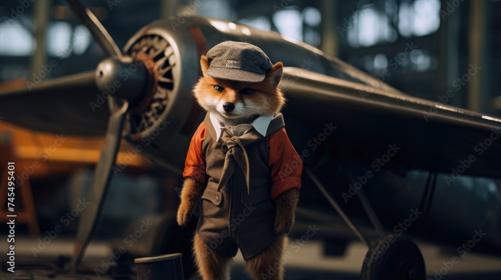 Aufkleber a fox dressed up as a pilot standing in front of an airplane. generative ai.